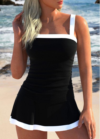Modlily Contrast Binding Patchwork Black Tankini Set - L