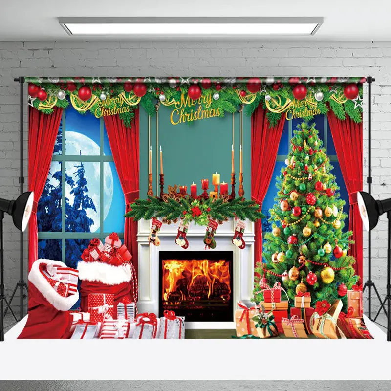 Aperturee Festive Fireplace Tree Window Christmas Backdrop