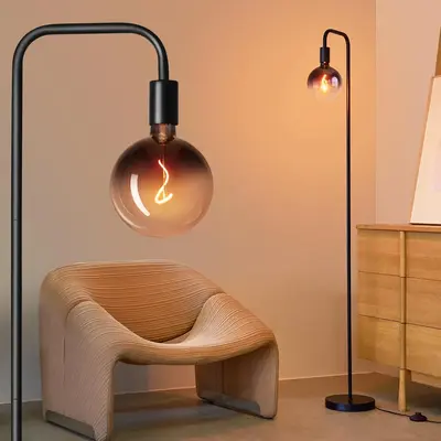 Onewish Floor Lamp for Living Room - Minimalist Industria, With Modern LED Bulb, Globe Black Clear Glass 6, 1800K Warm Ambi...