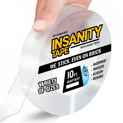 Insanity Tape Heavy Duty Double-Sided Transparent Adhesive 10ft for DIY Wall Art, Indoor/Outdoor Use, Waterproof, Removable, ...