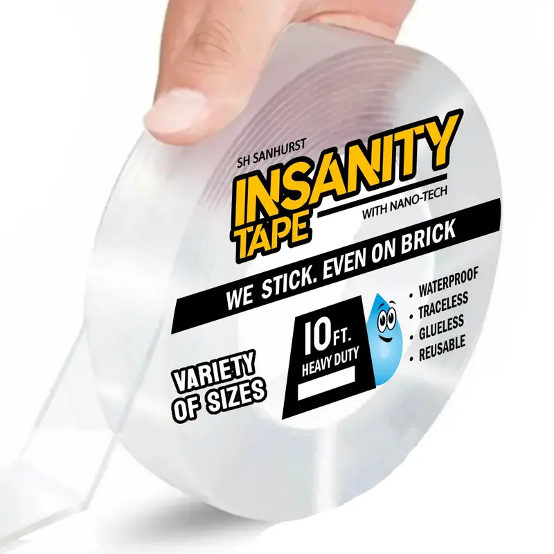 Insanity Tape Heavy Duty Double-Sided Transparent Adhesive 10ft for DIY Wall Art, Indoor/Outdoor Use, Waterproof, Removable, ...
