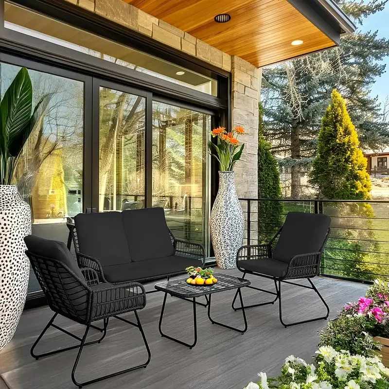 EortheX 4 Pieces Outdoor Furniture Set with Loveseat, Coffee Table & Table for Backyard, Deck, and Garden Lounge Spaces - Bla...