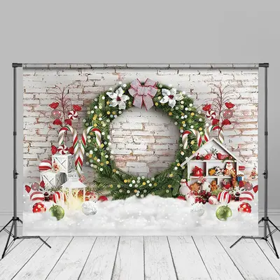 Floral Wreath Cloud Brick Wall Christmas Backdrop - Aperturee