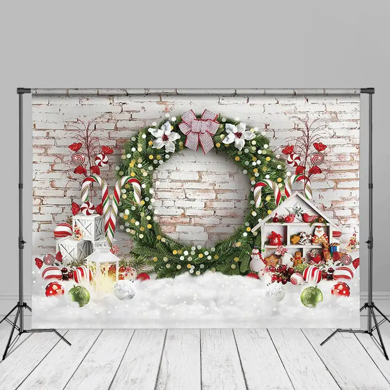 Floral Wreath Cloud Brick Wall Christmas Backdrop - Aperturee
