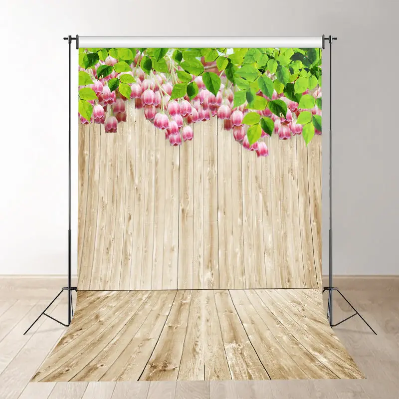 Pink Floral Wooden Wall And Floor Spring Photo Backdrop - Aperturee
