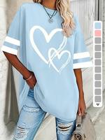 【Plus Size】Heart Print Round Neck Tee, Casual Short Sleeve Crew Neck T-shirt for Summer, Women's Plus Clothing for Daily ...