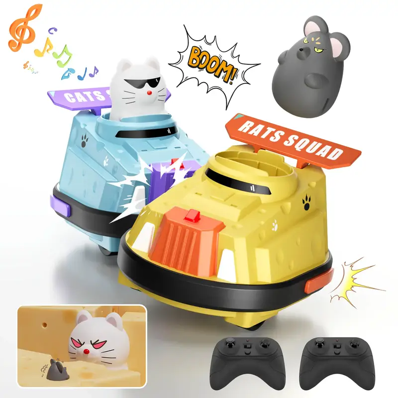 RC Cheese Bumper Cars, A Pair RC Ejecting Car for Kids, Cat and Rat War Remote Control Car, 2.4GHz Rechargeable Race Toys