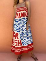Women's Letter & Fish Print Cami Dress, Casual Sleeveless Spaghetti Strap Long Dress for Summer, Fashion Women's Dress for Be...