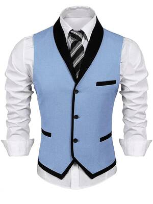 Buttons V-neck Suit Vest (US Only), Light Blue / L