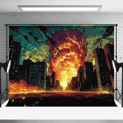 Explosion On Fire City?High-Rise Backdrop For Party