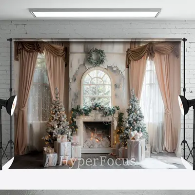 White Window Curtain Fireplace Christmas Backdrop - Aperturee