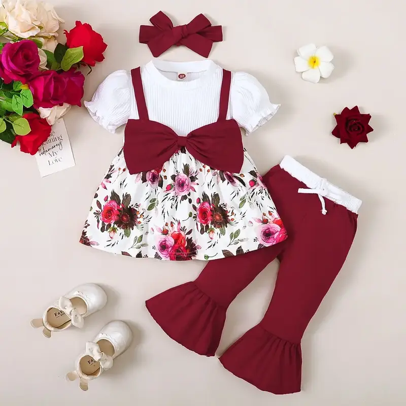 Ready Stock 6m-3y Baby Girls Floral Print Bubble Short Sleeve Fake Two Pieces Ruffle Tops Flare Pants Headband 3Pcs Infant To...