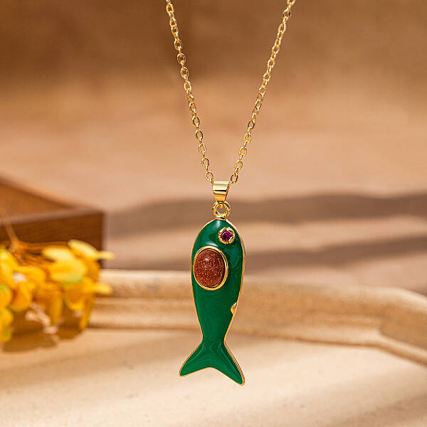 Brass Pave Cubic Zirconia Fish Shape Pendant Necklaces for Women