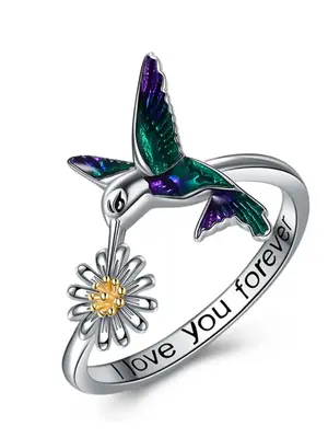 925 Sterling Silver Fashion Letter Design Flower & Bird Decorated Ring, Elegant Silver Ring for Women & Girls, Trendy All-mat...