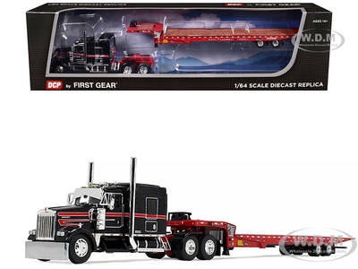 Kenworth W900L with 72 AeroCab Sleeper and Landoll 440B50CA Traveling Axle Trailer Black and Red 1/64 Diecast Model by DCP/Fi...