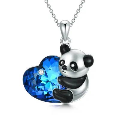 Sterling Silver Heart Panda Crystal Pendant Necklace