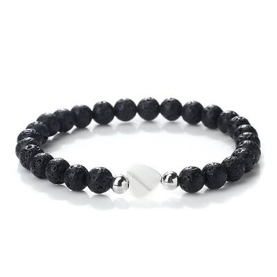 Natural Lava Rock Heart & Round Beaded Stretch Bracelet