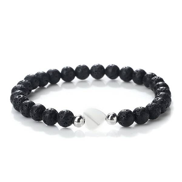 Natural Lava Rock Heart & Round Beaded Stretch Bracelet