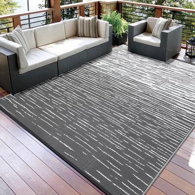 Garvee Waterproof Outdoor Rug 5x8ft - Reversible Grey and White Plastic Straw Patio Carpet with Rubber Backing - Modern Strip...