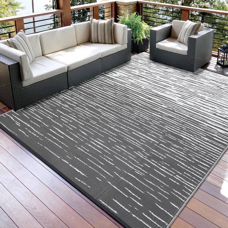 Garvee Waterproof Outdoor Rug 5x8ft - Reversible Grey and White Plastic Straw Patio Carpet with Rubber Backing - Modern Strip...