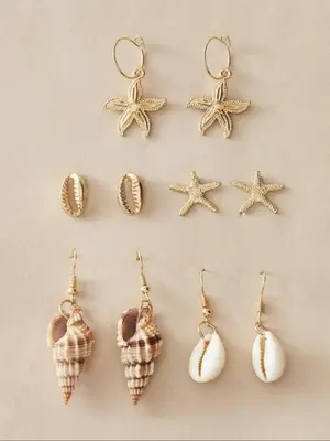 Women's Boho Style Starfish & Shell Design Ear Studs & Dangle Earrings, Retro Dangle Hoop Earrings for Women for Party, Daily...