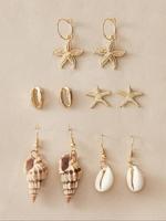Women's Boho Style Starfish & Shell Design Ear Studs & Dangle Earrings, Retro Dangle Hoop Earrings for Women for Party, Daily...