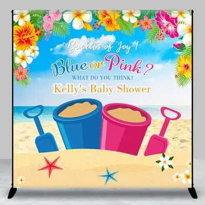 Custom Name Blue Or Pink Sand Baby Shower Backdrop