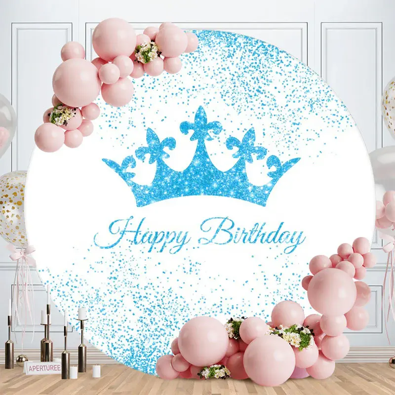 Aperturee Round Glitter Blue Crown Happy Birthday Backdrop For Boy
