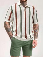 Men's Striped Print Short Sleeve Top & Shorts Two-Piece Set, Regular Fit Casual Fashion Cozy Top & Shorts for Summer, Men Ou...