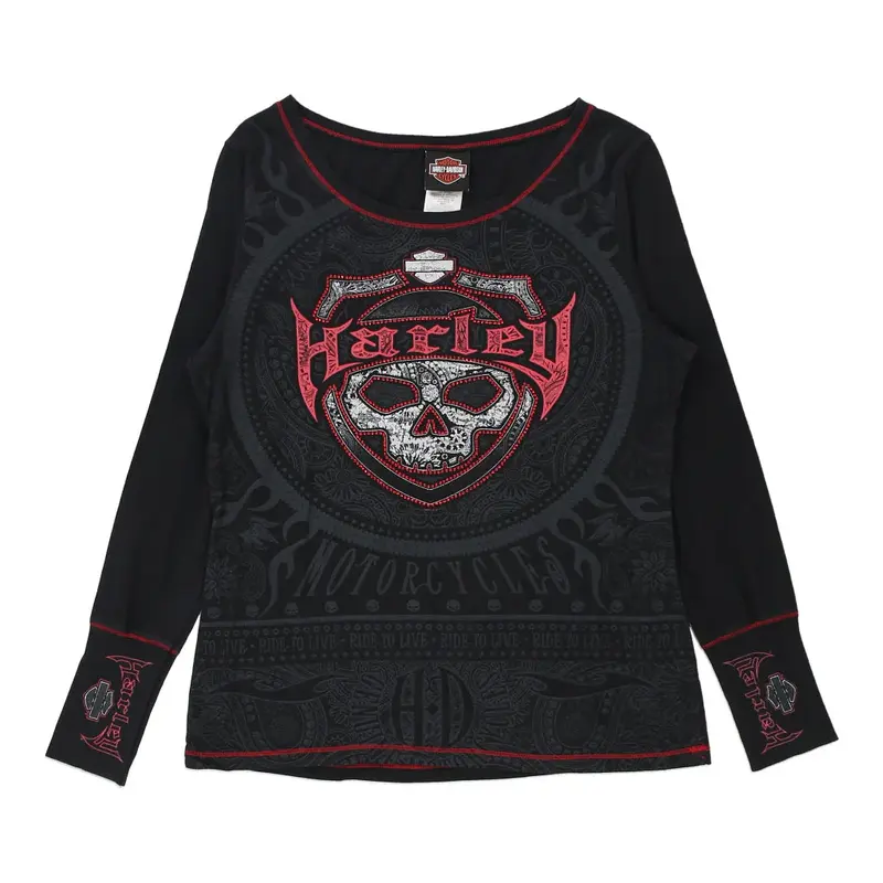 Harley Davidson Graphic Long Sleeve T-Shirt - Large Black Cotton
