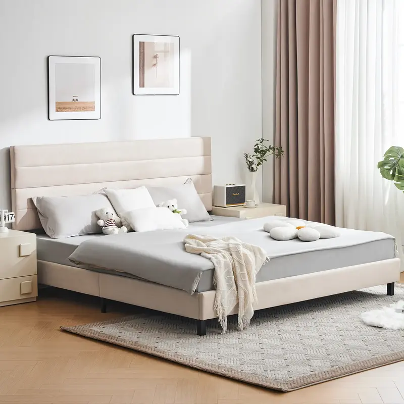 Furnimart Contemporary Modern Upholstered Platform Bed with Faux Linen, Small Apartment, Neutral Bedroom Bed Frame Earthy Hom...