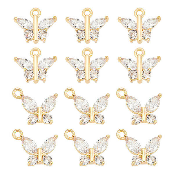 12Pcs 2 Styles Brass with Clear Cubic Zirconia Charms