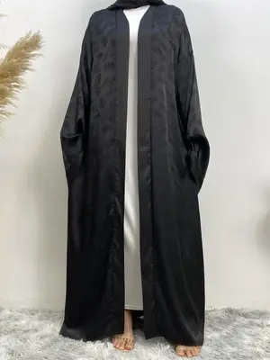 Women's Leaf Pattern Belted Satin Abaya, Modest Casual Long Sleeve Open Front Abaya for Daily Wear, Women's Islamic Clothin...