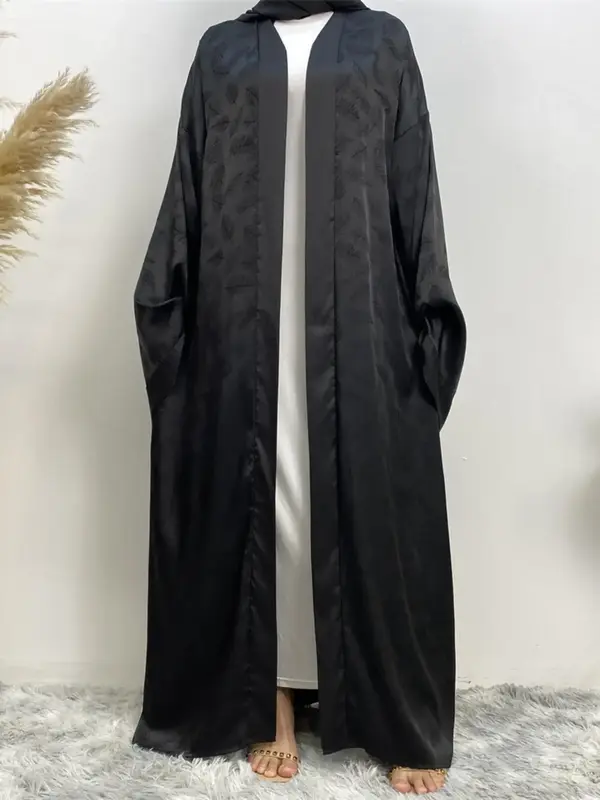 Women's Leaf Pattern Belted Satin Abaya, Modest Casual Long Sleeve Open Front Abaya for Daily Wear, Women's Islamic Clothin...