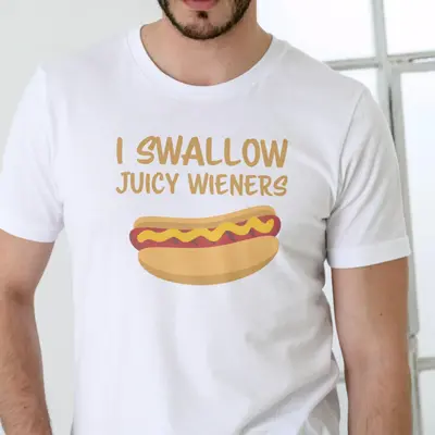 I Swallow Juicy T-Shirt - Cotton Crewneck Short Sleeve Summer Casual Cartoon Unisex Fitted Tee with Hot Dog Graphic Design