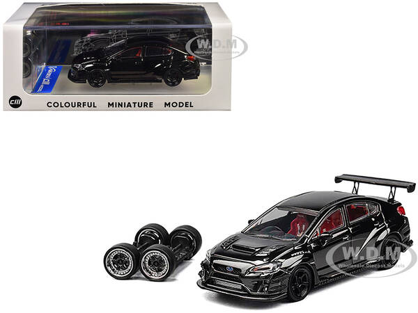 Subaru VAB WRX STI Widebody Black Metallic with Red Interior with Extra Wheels 1/64 Diecast Model Car by CM Model