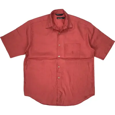 Nautica Short Sleeve Shirt - Medium - Red Linen