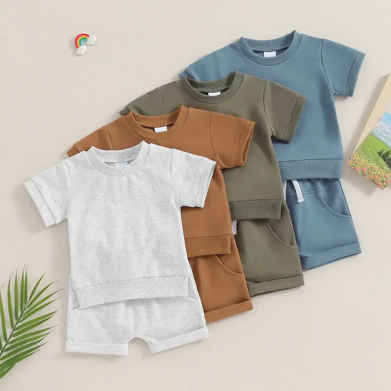 Toddler Boys Clothes Set 3 6 12 18 24 Months 3T Short Sleeve T-shirt Top Elastic Waist Pocket Shorts Solid 2Pcs Outfits