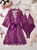 Women's Floral Lace Sexy Lingerie Two-piece Set, Elegant Romantic Long Sleeve Open Front Outerwear & Scallop Trim Halter Body...