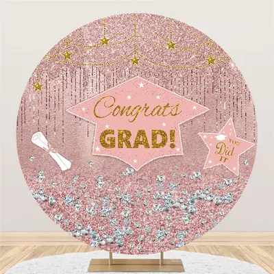 Pink Gold Glitter Round Congrate Grad Backdrop - Aperturee