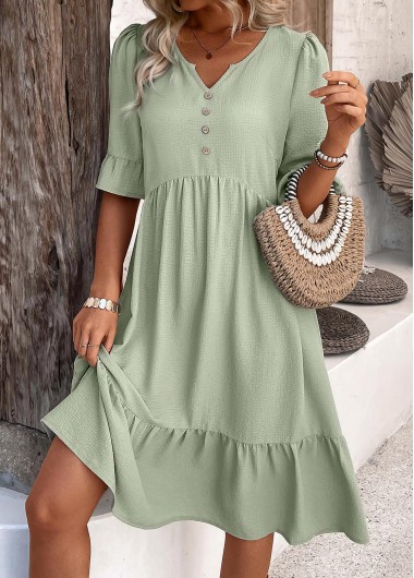 Modlily Sage Green Button A Line Half Sleeve Dress - L