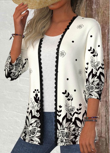 Modlily Black Patchwork Floral Print 3/4 Sleeve Light Cardigan - L