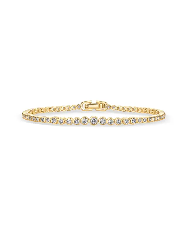PAVOI 14K Gold Plated Graduated Simulated Diamonds Bezel Set Tennis Bracelets for Women - Cubic Zirconia Round Statement Brid...
