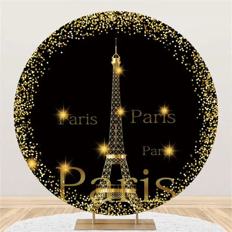 Aperturee Gold And Black Eiffel Tower Happy Birthday Round Backdrop | Party Photo Backdrops | Custom Backdrop For Party | Par...