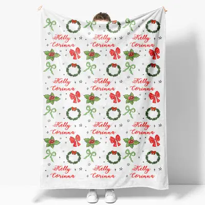 Aperturee Bow Tie Green Floral Christmas Custom Name Blanket - Aperturee
