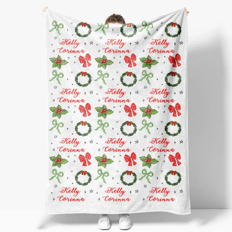 Aperturee Bow Tie Green Floral Christmas Custom Name Blanket - Aperturee