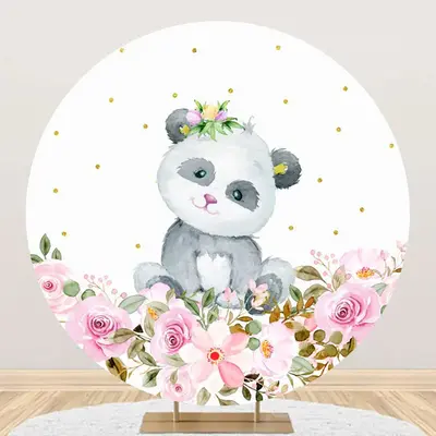 White Floral Panda Round Baby Shower Party Backdrop - Aperturee