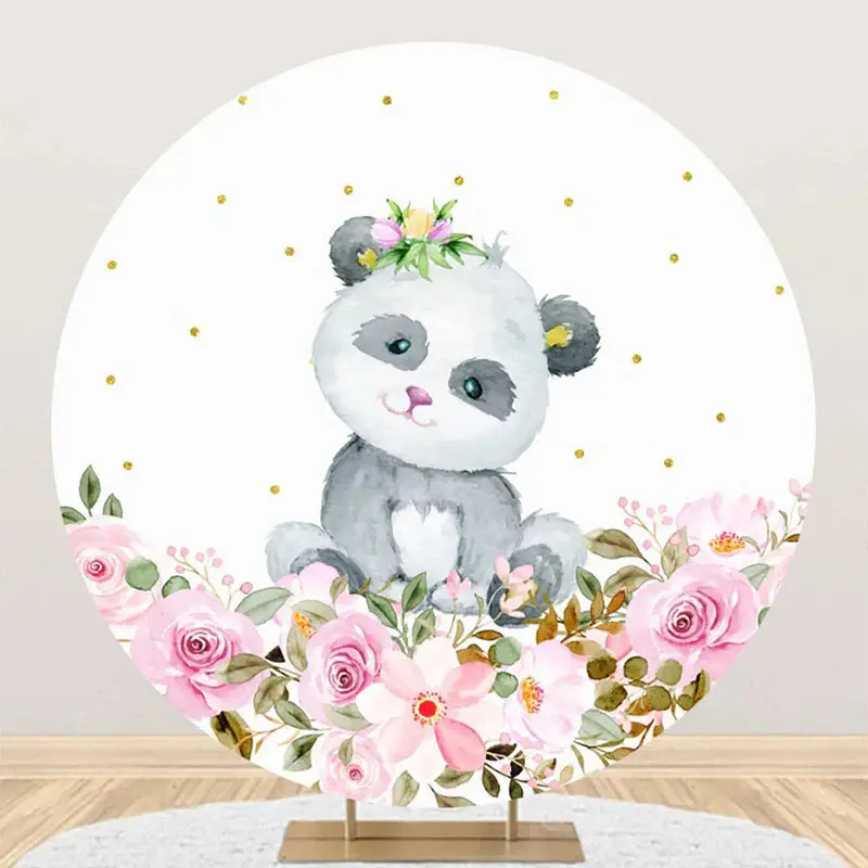 White Floral Panda Round Baby Shower Party Backdrop - Aperturee