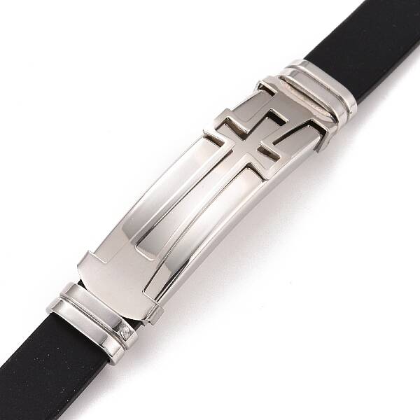 201 Stainless Steel Rectangle with Cross Link Bracelet with PU Leather Cord for Men Women