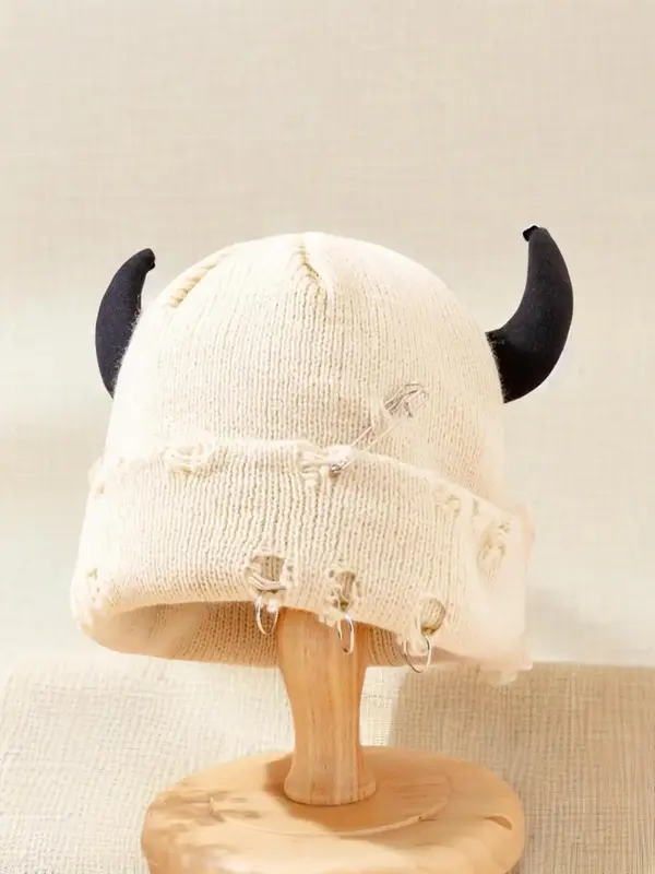 Cute Bull Head Decor Beanie Hat, Hip Pop Street Style Ring & Safety Pin Decor Ripped Knit Hat for Fall & Winter, Warm Winter ...